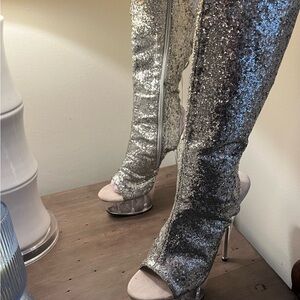 Pleaser Platform Glittering Silver Heeled Boots